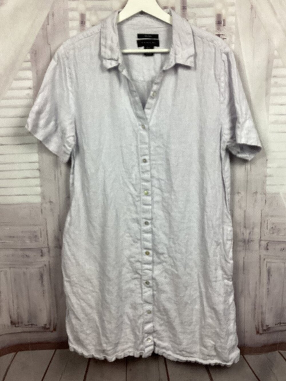 Tahari Shirt Dress 100% Linen Striped Short Sleeve Coastal Summer‎ L
